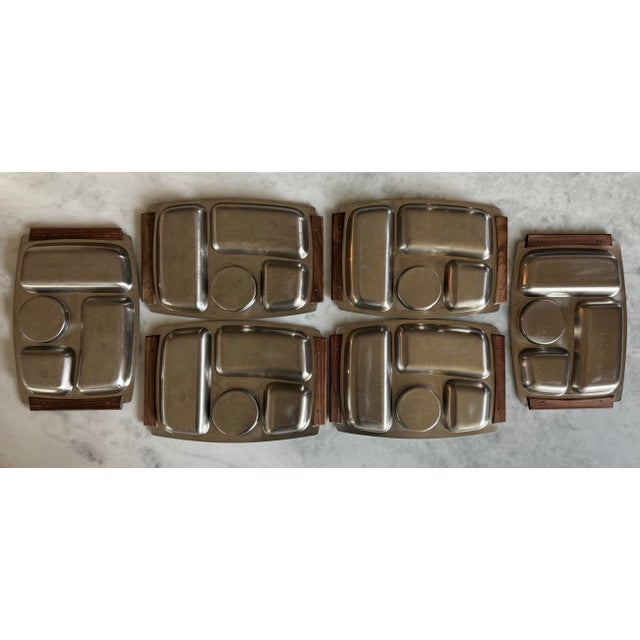 Set of 6 vintage mid century 1970s 18-8 stainless trays with 4 divided compartments and rosewood or teak wood handles....