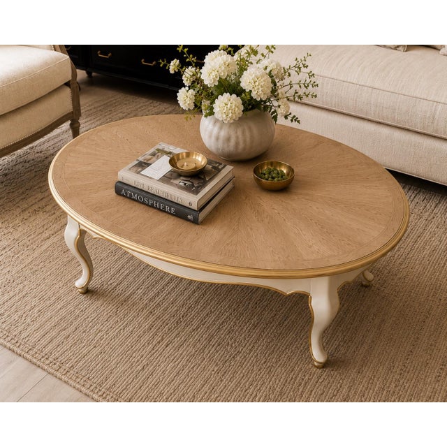 Late 20th Century Belgian Transitional Oval Coffee Table in Honey Oak & Antique Ivory With Bookmatched Veneer Top For Sale - Image 4 of 4