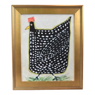 Black & White Speckled Folk Art Chicken Hen Painting by Ruth Arenz Including the Antiqued Gold Wood Frame For Sale