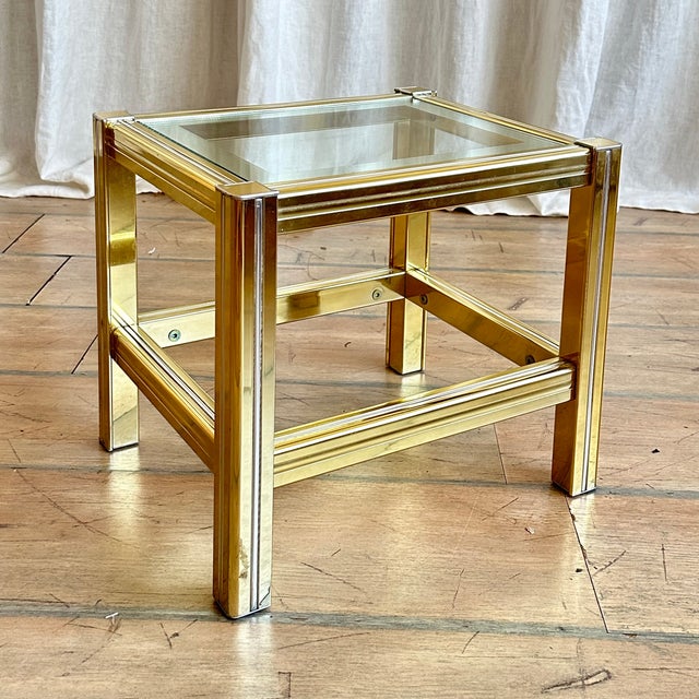 Hollywood Regency Hollywood Regency Angular Golden Metal Glass Top Side Table, 1970s For Sale - Image 3 of 12