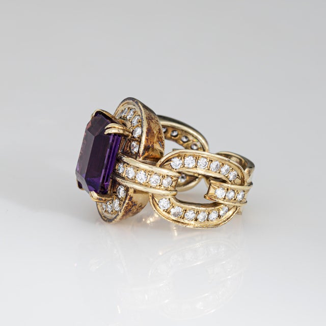 80s Vintage Amethyst Diamond Link Ring Sz 6.75 Wide Band 14k Yellow Gold Jewelry For Sale In Los Angeles - Image 6 of 7