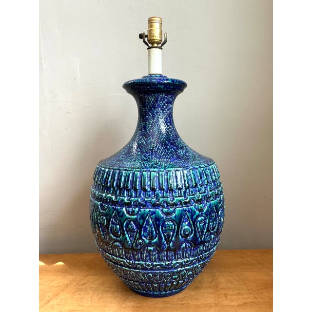 Mid 20th Century Vintage Mid-Century Modern Blue Glazed Ceramic Lamp For Sale - Image 5 of 12