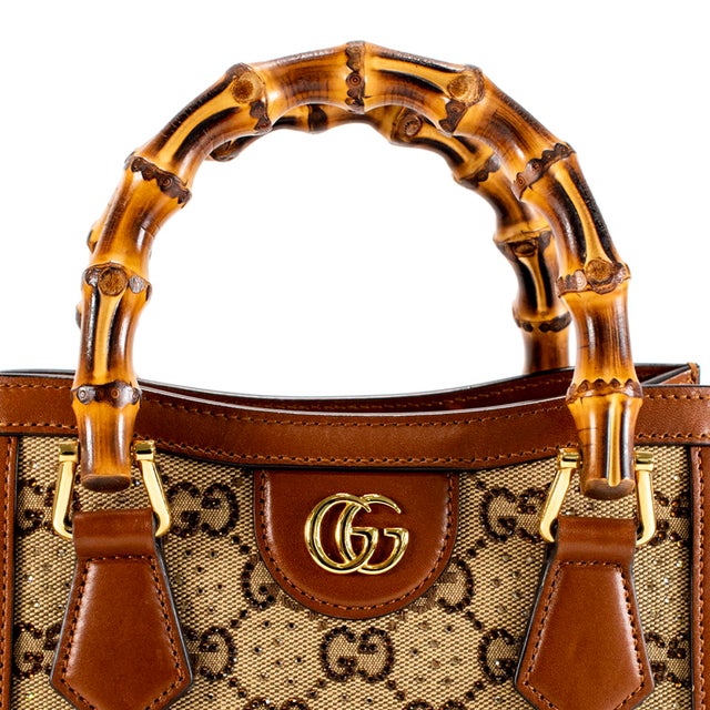 Animal Skin Gucci Diana Crystals Small Gg Canvas Camel Leather Bamboo Handle Tote Bag For Sale - Image 7 of 10