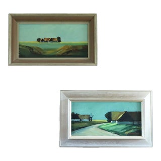 Mid-Century Modern 'Fields of Stillness (Set of 2)' Vintage Swedish Expressive Original Landscape Oil Painting, Framed For Sale
