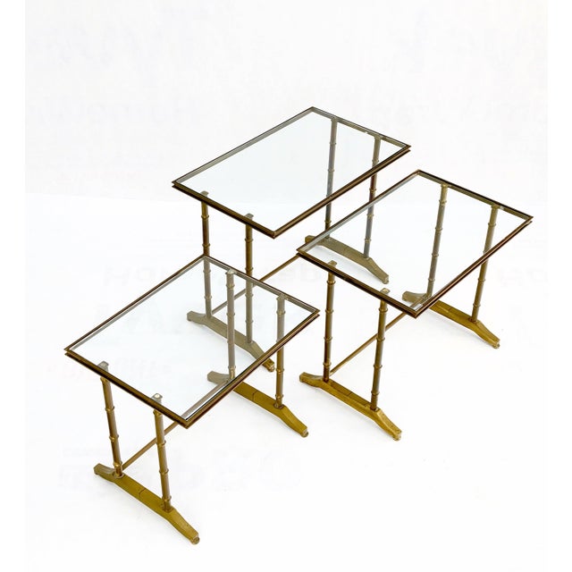 Set of quality machined brass MCM solid brass faux bamboo glass top nesting side end tables stands nice!