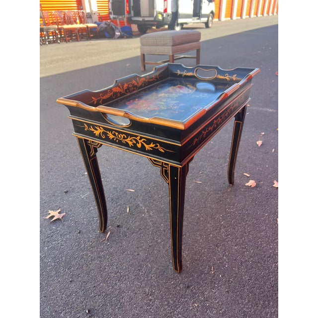 Hand-Painted Vintage Chinoiserie Tray Table For Sale - Image 4 of 5