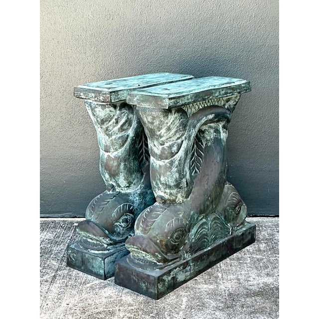 Mid 20th Century Vintage Patinated Bronze Dolphin Table Pedestals - A Pair For Sale - Image 5 of 12