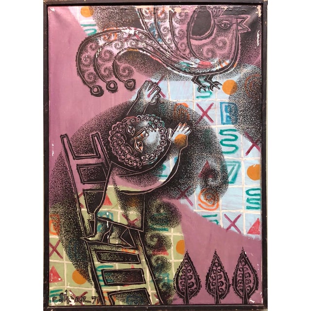 Pinchas Shaar, Judaica Polish Israeli Folk Art Biblical Modernist Oil Painting, c.1960 For Sale