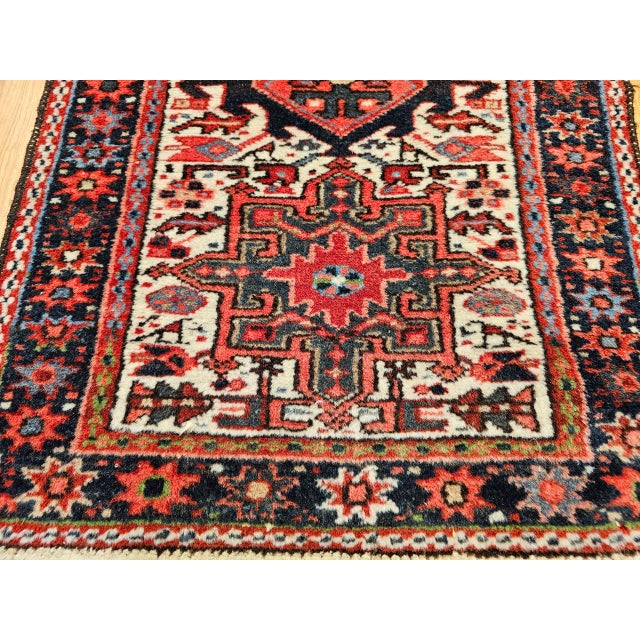 Textile Vintage Persian Heriz Karajeh Rug, Hand-Knotted Wool, Geometric Pattern, Red & Ivory, 2x3 For Sale - Image 7 of 12