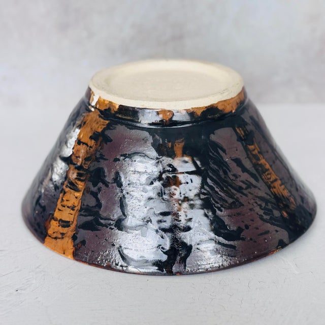 Signed Studio Pottery Bowl | j.a. Ridley 2013 | Drip Glaze Stoneware | Bronze & Black Oil-Spot Glaze | Large Centerpiece Bowl For Sale - Image 12 of 12