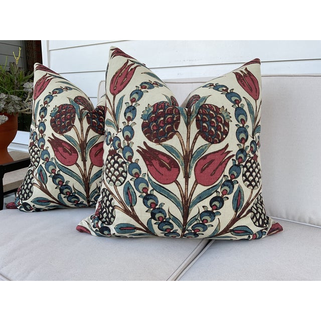 Mid-Century Modern Thibaut “Corneila” in Red and Teal Pillows - A Pair For Sale - Image 3 of 3