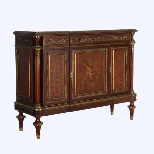 French Louis XVI Rosewood, Kingwood, Mahogany & Ormolu Rouge Marble Top Credenza For Sale - Image 4 of 18