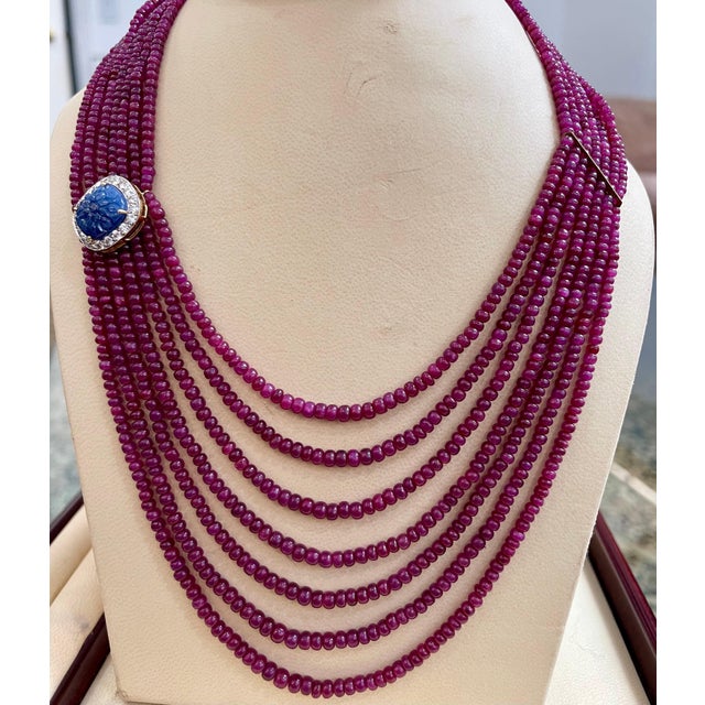 480 Ct 7 Layer Natural Smooth Ruby Bead Necklace 14k Gold Sapphire Diamond Clasp For Sale - Image 9 of 18