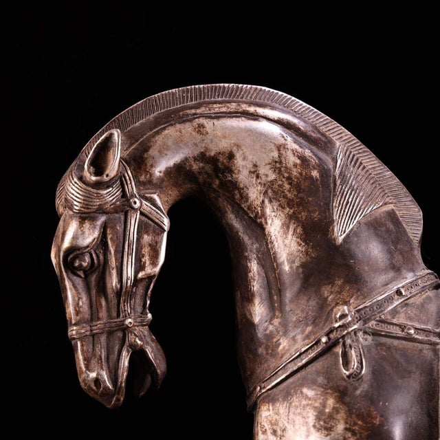 Solid Copper Silvered Galloping Horse Statue (Zhaocai Ma) - Gilt Silver Bronze Horse Figurine With Ornate Saddle For Sale - Image 10 of 10