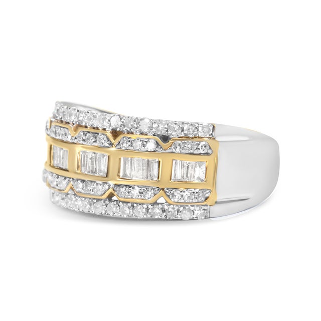 10K White and Yellow Gold 1.00 Cttw Baguette and Round cut Diamond Art Deco Multi-Row Ring Band (I-J Color, I1-I2 Clarity) - Ring Size 6 For Sale - Image 4 of 7