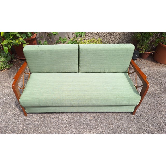 Paolo Buffa Sofa Bed in Wood and Green Fabric from Paolo Buffa, 1940s For Sale - Image 4 of 7