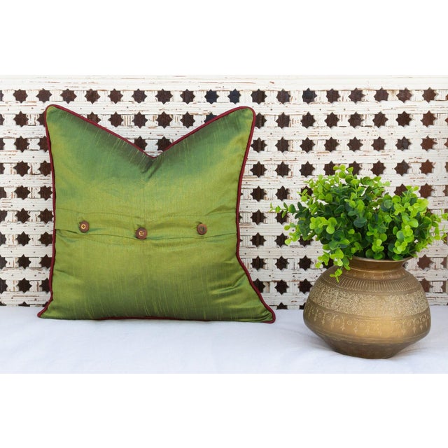 Indian Olive Peacock Sage Silk Blend Pillow Cover For Sale - Image 3 of 4