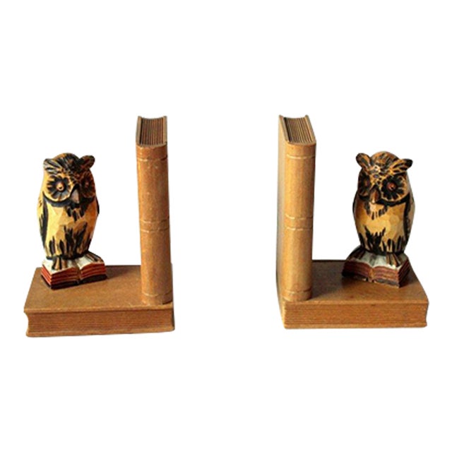 1950s Handcarved Wooden Vintage Owl Bookends - Pair For Sale