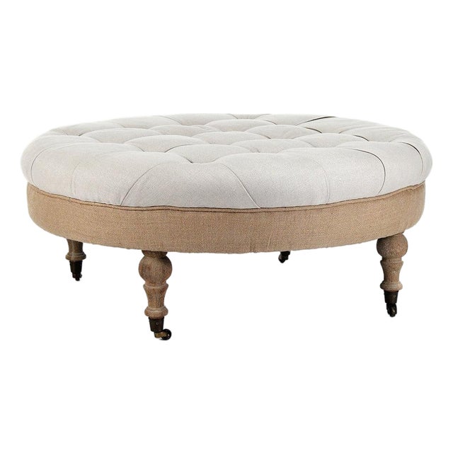 Maison Tufted Round Ottoman in Grey / Burlap Base with Oak Turned Legs For Sale