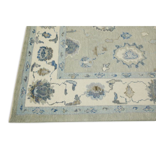 Modern Early 21st Century Green & Blue Floral Design Handwoven Wool Turkish Oushak Rug 6'1" X 8'6" For Sale - Image 3 of 7