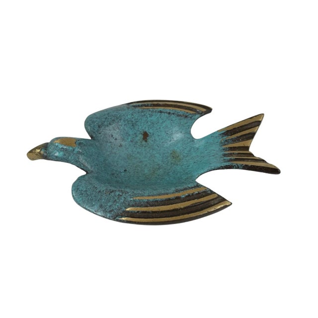 Mid-century modern brass bird trinket dish with verdigris finish. Made in Israel. Minimal age wear.