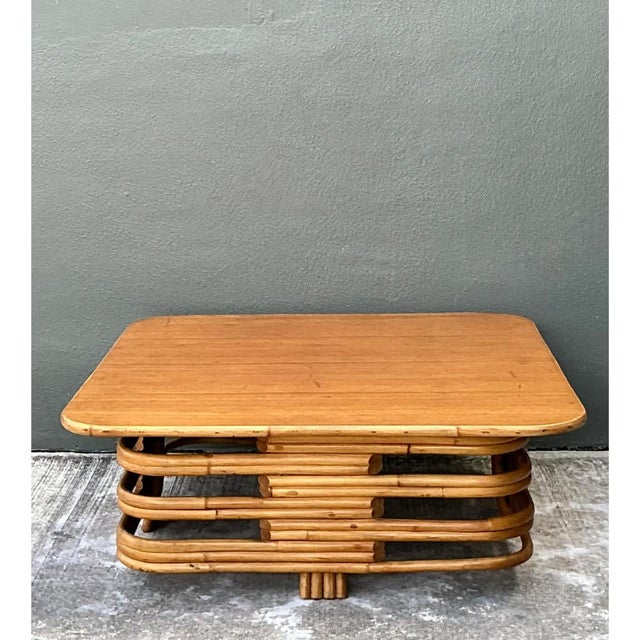 Camel Vintage Stacked Rattan Coffee Table After Paul Frankl For Sale - Image 8 of 12
