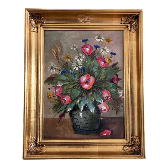 Vintage Original Flower Still Life Oil Painting: Framed Floral Art For Sale