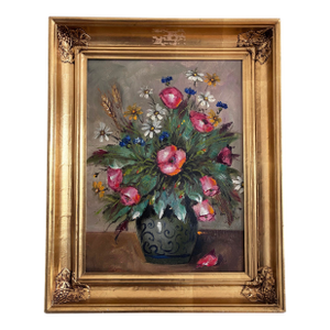 Vintage Original Flower Still Life Oil Painting: Framed Floral Art