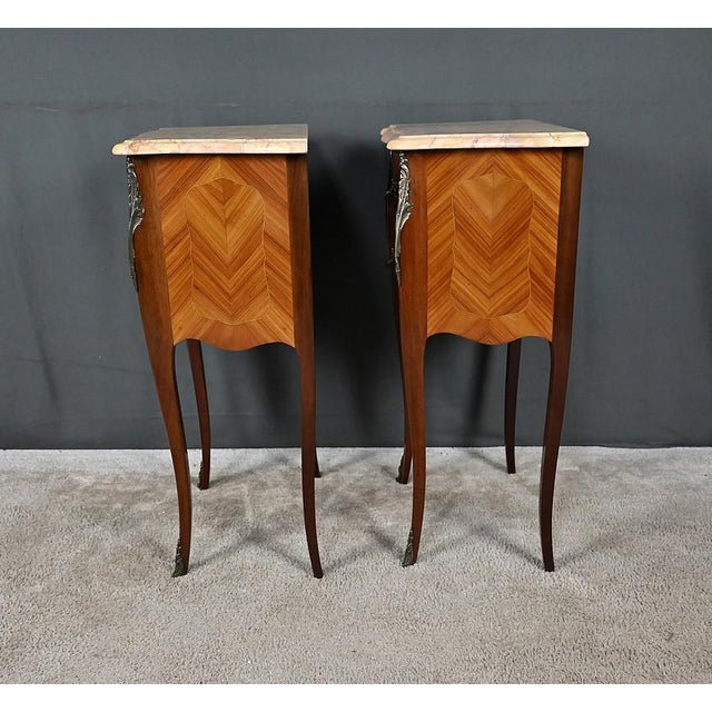 Louis XV Style Marquetry Bedside Tables, Late 20th Century, Set of 2 For Sale - Image 4 of 18