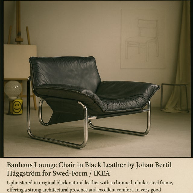 Bauhaus Lounge Chair in Black Leather attributed to Johan Bertil Häggström for Swed-Form / Ikea, Sweden, 1970s For Sale - Image 14 of 15