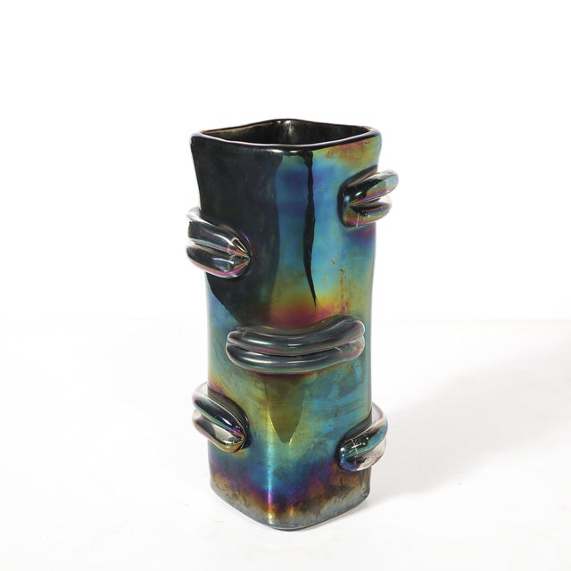 Pair of Mid-Century Hand-Blown Murano Iridescent Glass Vases For Sale - Image 12 of 14