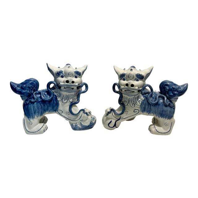1980s Blue & White Porcelain Foo Dogs “Styled After” Staffordshire - A Pair | Turtle and Crane For Sale