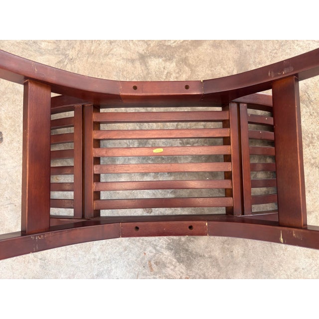 Vintage Wood Slatted Mission-Style Curved Asian Benches With Rosewood Finish, a Pair For Sale - Image 4 of 8