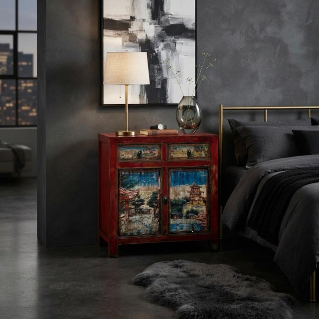 Chinese Distressed Red Blue Old Scenery Graphic Credenza Cabinet For Sale - Image 9 of 11