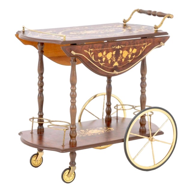 Italian Burlwood and Marquetry Drop Leaf Bar Cart For Sale