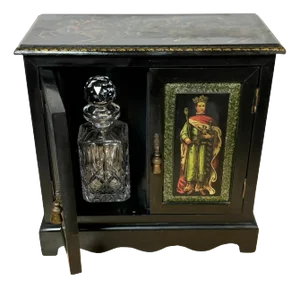Russian Style Polychromed Lacquer Dry Bar /Tauntless with 2 crystal Decanters