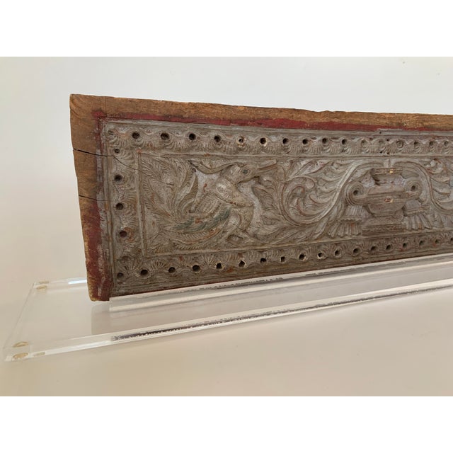 Asian Antique Antique Early 20th Century Peacock Carved Wood Panel Bird Panel on Custom Lucite Base For Sale - Image 3 of 9