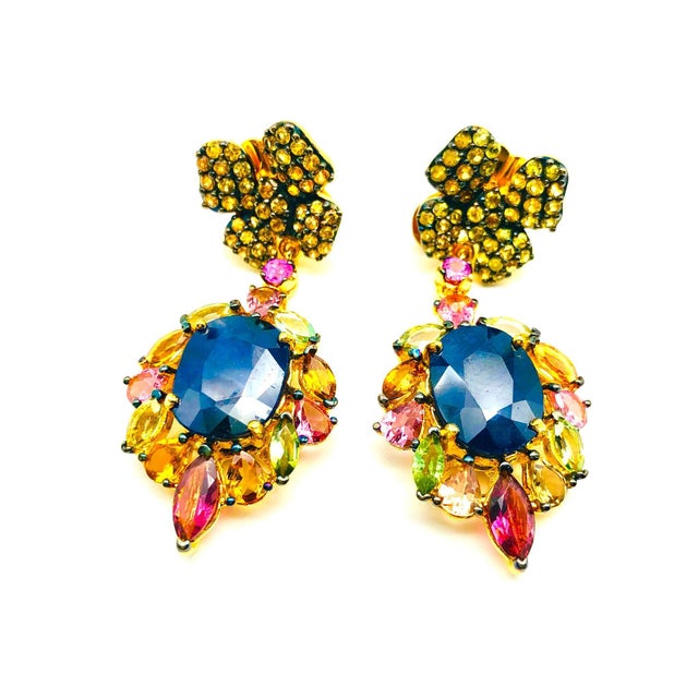 Bochic "Orient" Vintage Sapphire & Yellow Sapphire Earrings 18K Gold & Silver For Sale - Image 17 of 18