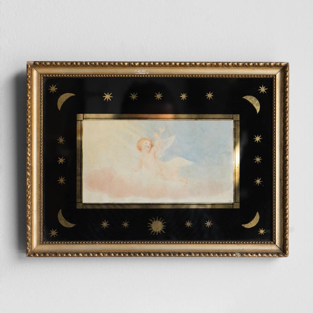 Mid 19th Century Small Antique Cherub Watercolour in Moon and Star Verre Egolisme Frame, 19th Century For Sale - Image 5 of 8