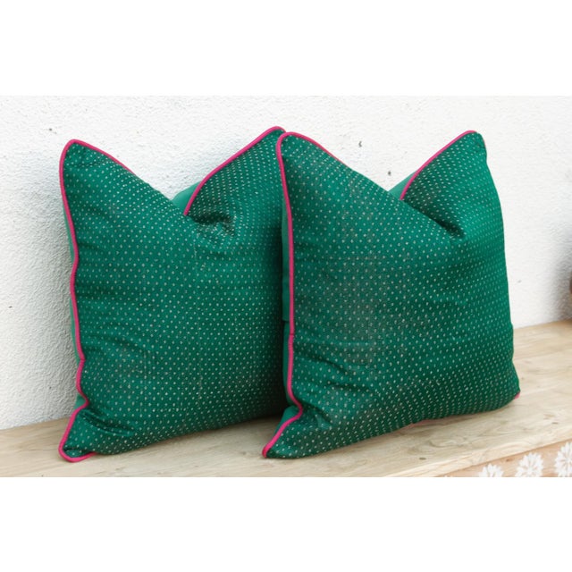 Indian Pair of Pala Green Dotted Ahir Handloom Pillows For Sale - Image 3 of 7