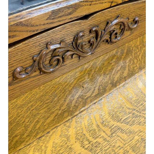 Antique Victorian Tiger Oak Serpentine Dresser With Beveled Mirror For Sale - Image 15 of 17