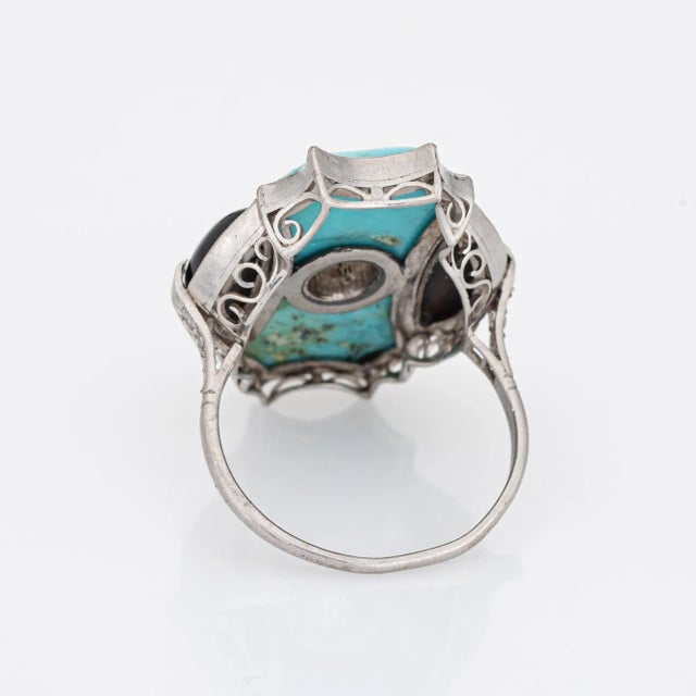 Early 20th Century Early 20th Century Vintage Art Deco Ring Diamond Turquoise Onyx Platinum Cocktail size 7.75 For Sale - Image 5 of 6