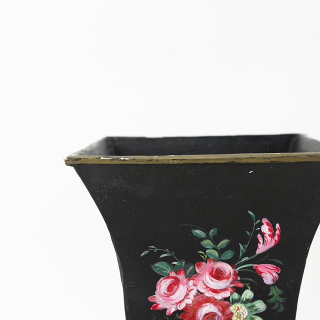Vintage Black Hand-Painted Metal Cachepot/Flower Pot/Wastebasket With Floral Design For Sale - Image 10 of 12