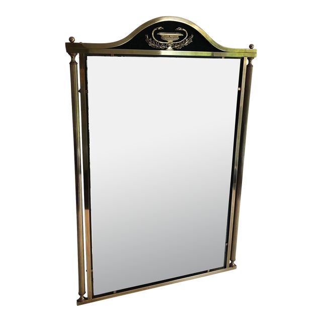 1940s Neoclassical Style Brass and Lacquered Metal Mirror with Cup and Swan Necks. For Sale