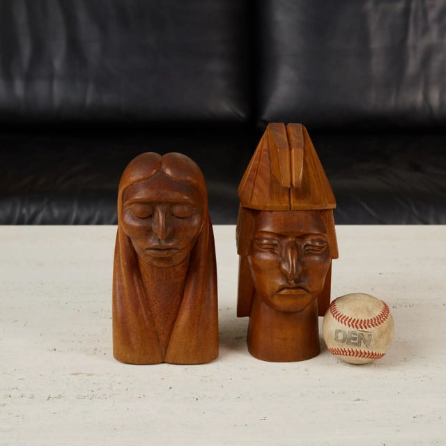 Mid-Century Modern Wooden Native American Busts - a Pair For Sale - Image 3 of 13