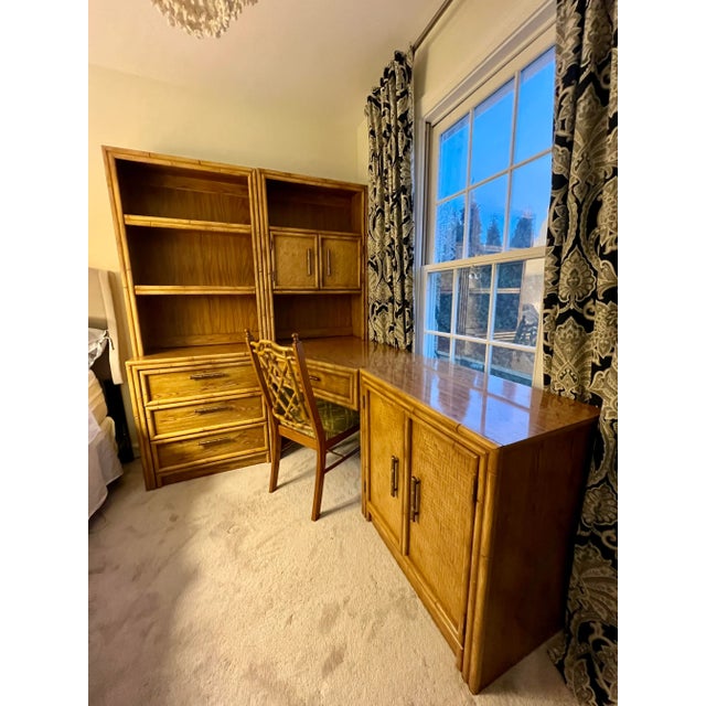 Vintage Lea Furniture Faux Bamboo 6 piece modular corner desk set including a 3-drawer chest, cabinet, 2 bookcase hutches,...
