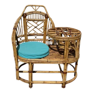 Mid 20th Century Vintage Rattan Bamboo "Gossip" Telephone Bench With Glass Tabletop