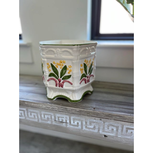 Shabby Chic Vintage Portuguese Lily of the Valley Ceramic Cachepot For Sale - Image 3 of 9