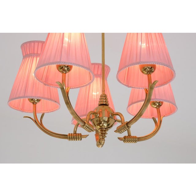 Vintage Swedish Five-Arm Brass Chandelier with Pink Shades, 1940s For Sale - Image 10 of 13