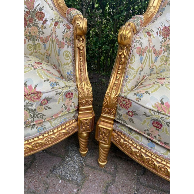 French Late20C French Artisan Louis XVI Gold Beech Bergère Pair For Sale - Image 3 of 13